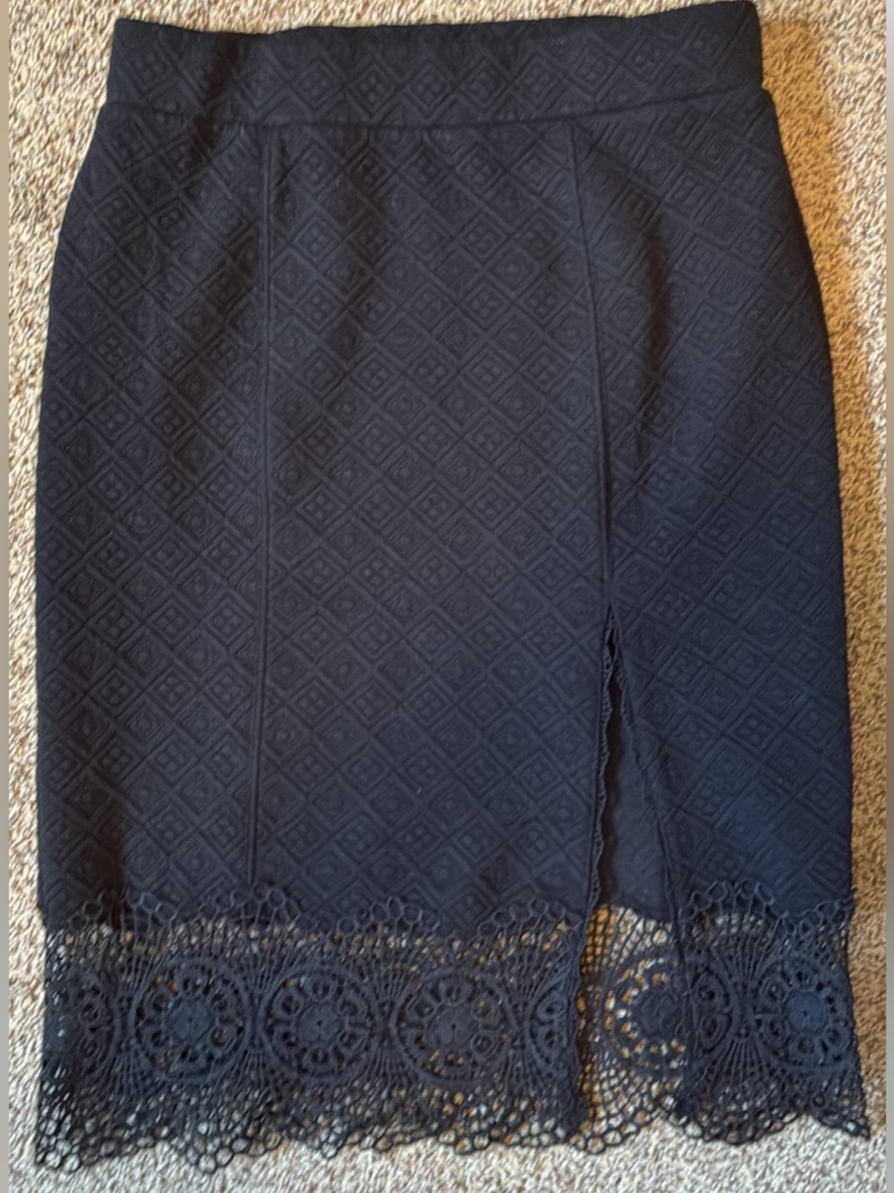 Free People Black Textured Pencil Skirt with Lace Hem